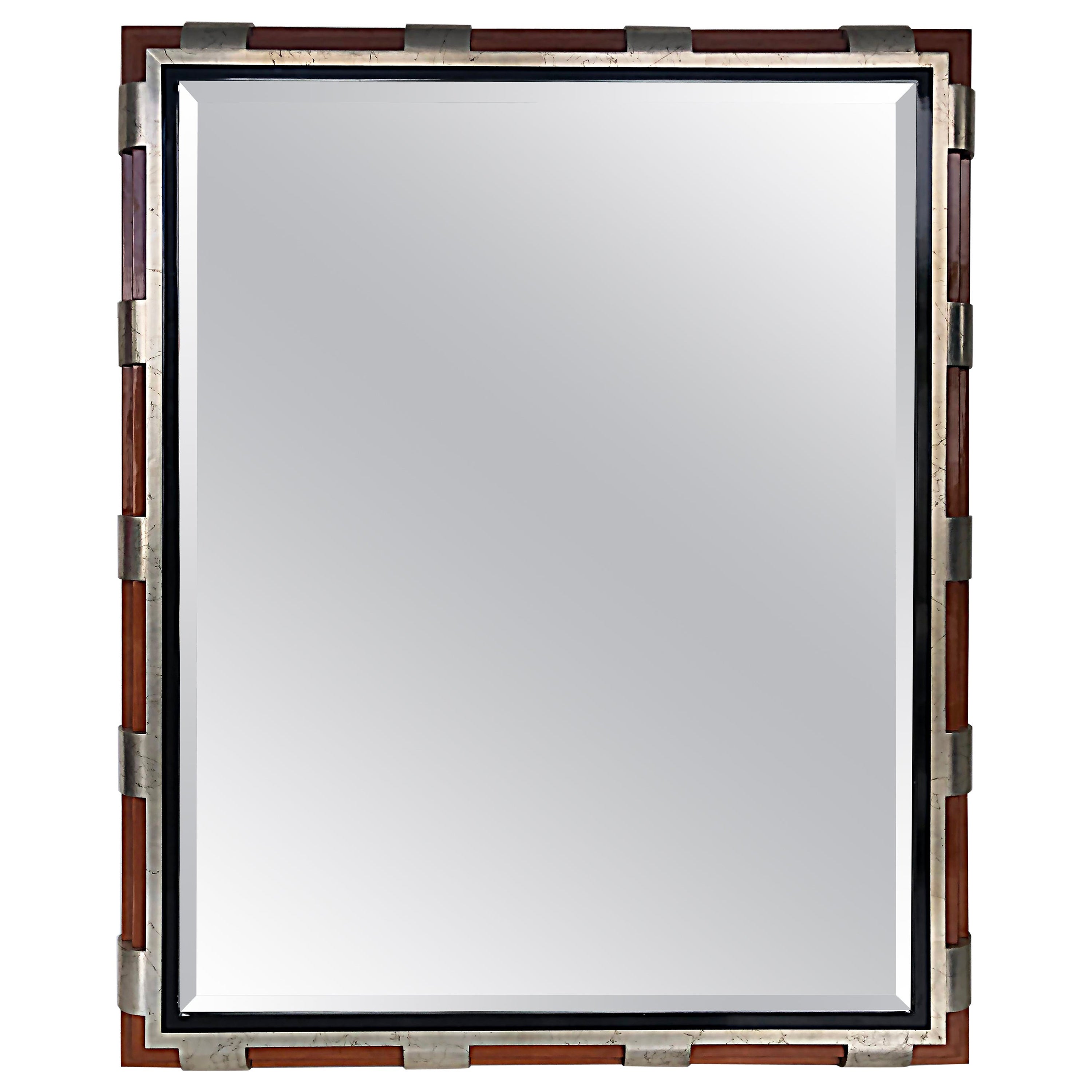 Beveled Mirror with Silver Leaf and Black Lacquer Frame