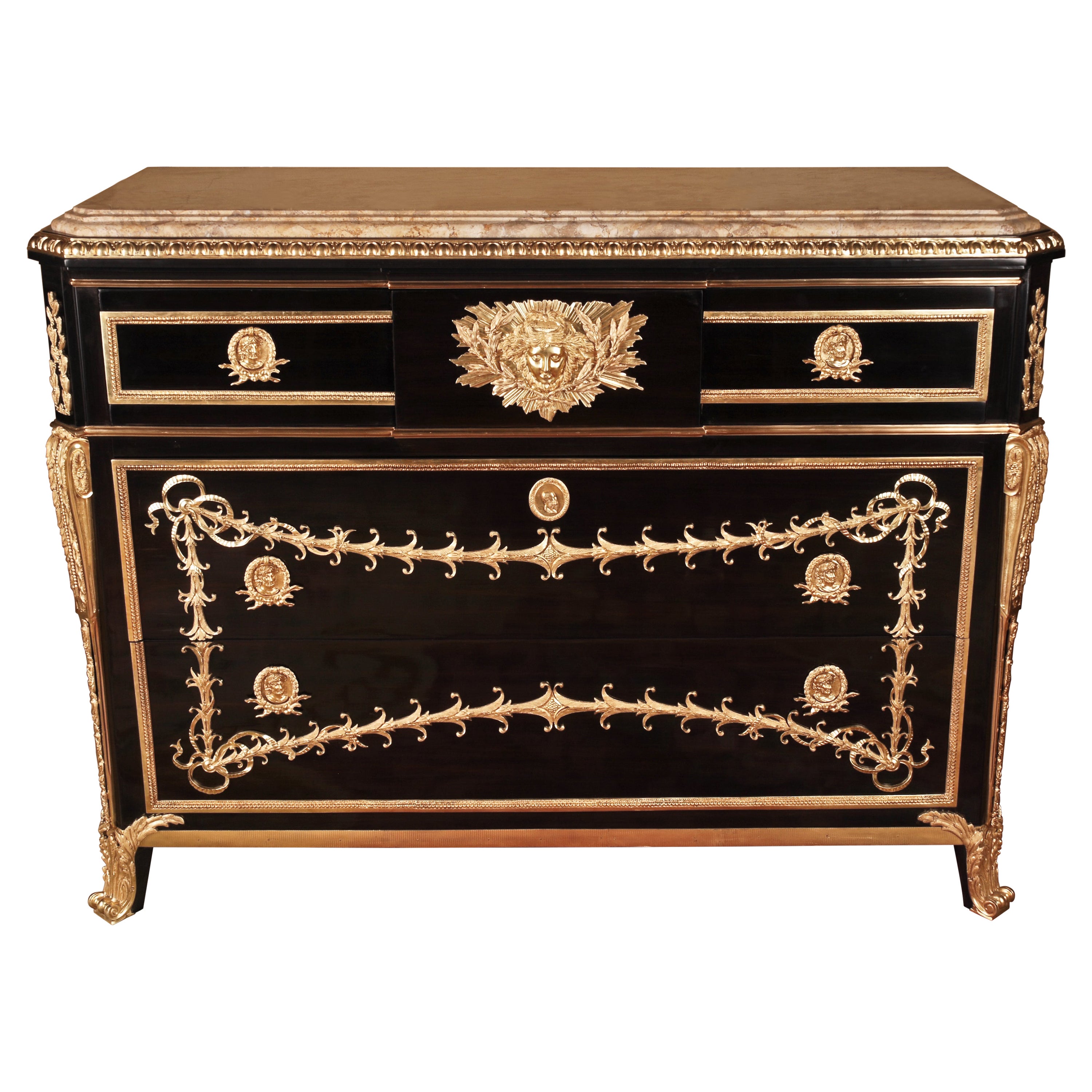 Commode After the Original Model from Jean Henri Riesener, Black Gold For Sale