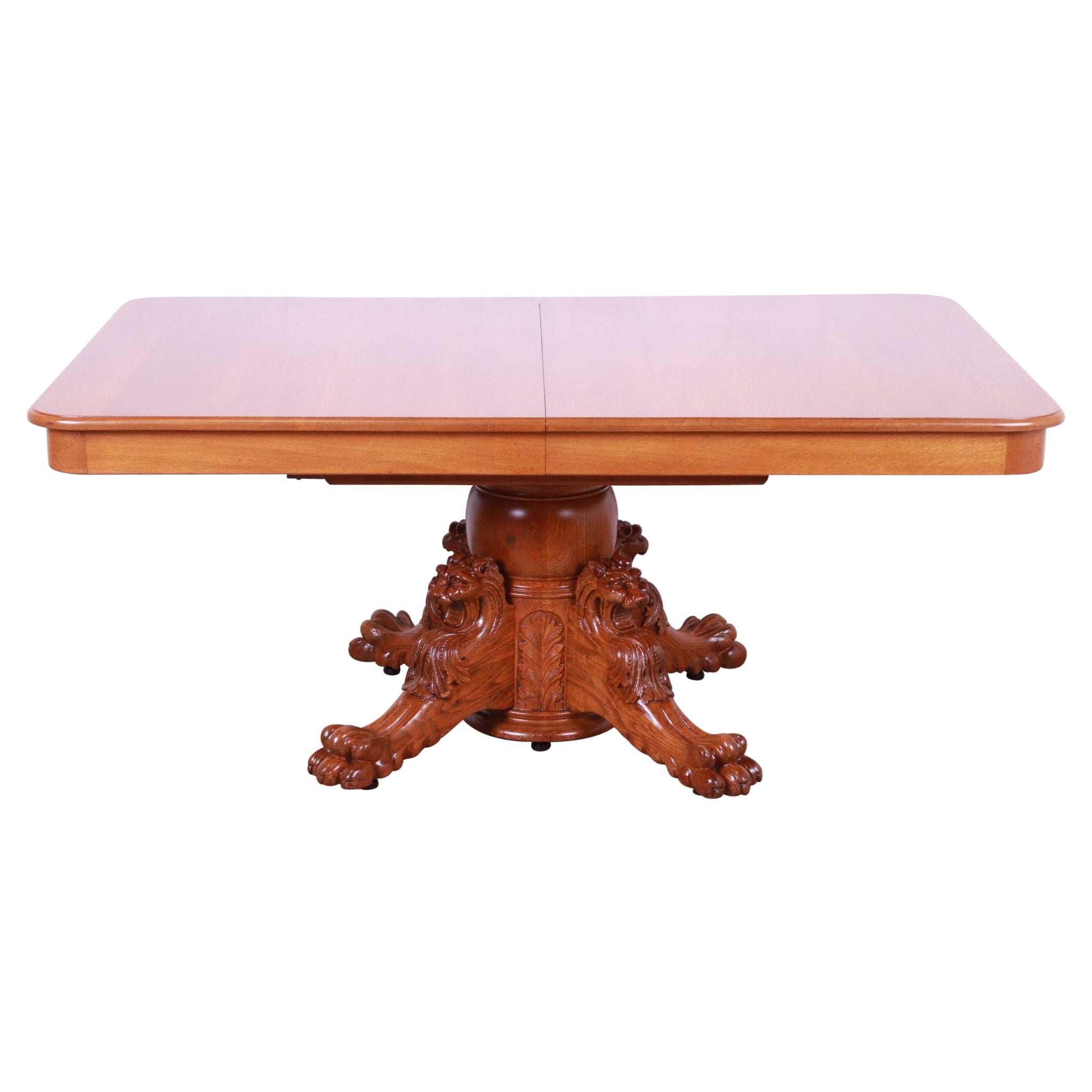 R.J. Horner Antique Victorian Oak Pedestal Dining Table with Carved Lions For Sale
