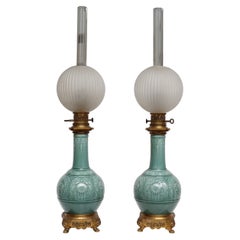 Antique Pair of Théodore Deck Celadon Enamelled Faience Vases Ormolu-Mounted in Lamps