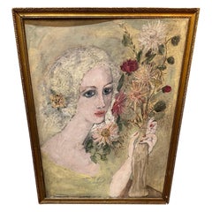 Signed Painting of a Woman with Flowers by Julie v. Cross
