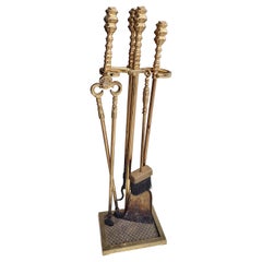 Mid Century Regency Styled Brass Fireplace Tools with Holder