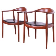 Hans Wegner for Johannes Hansen "the Chair" Teak Round Chairs, Pair