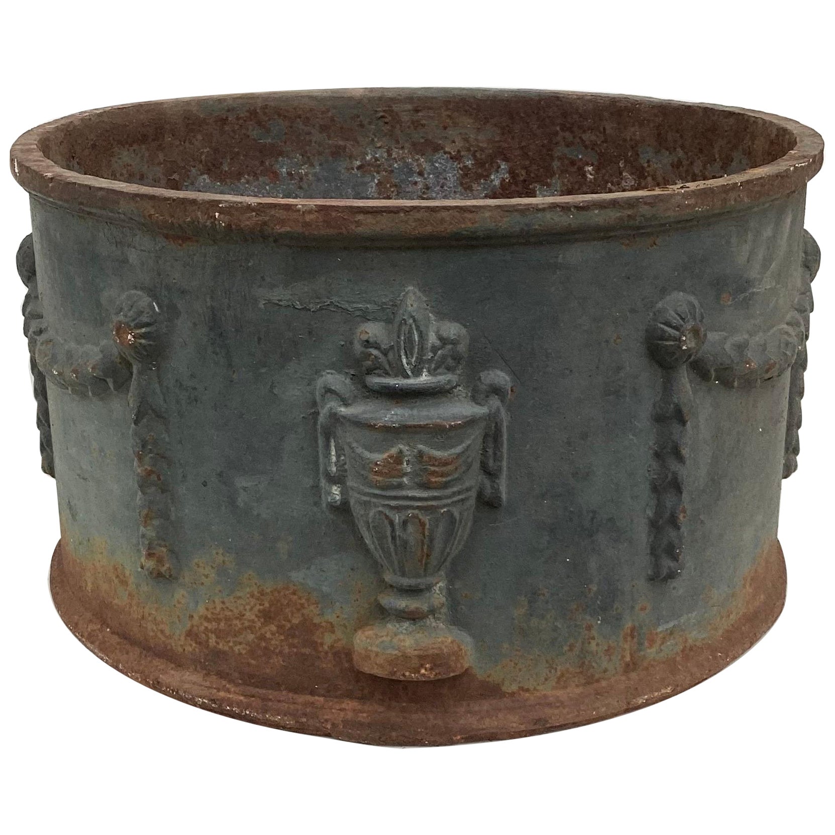 Large Round Cast Iron Planter with Greek Motif For Sale