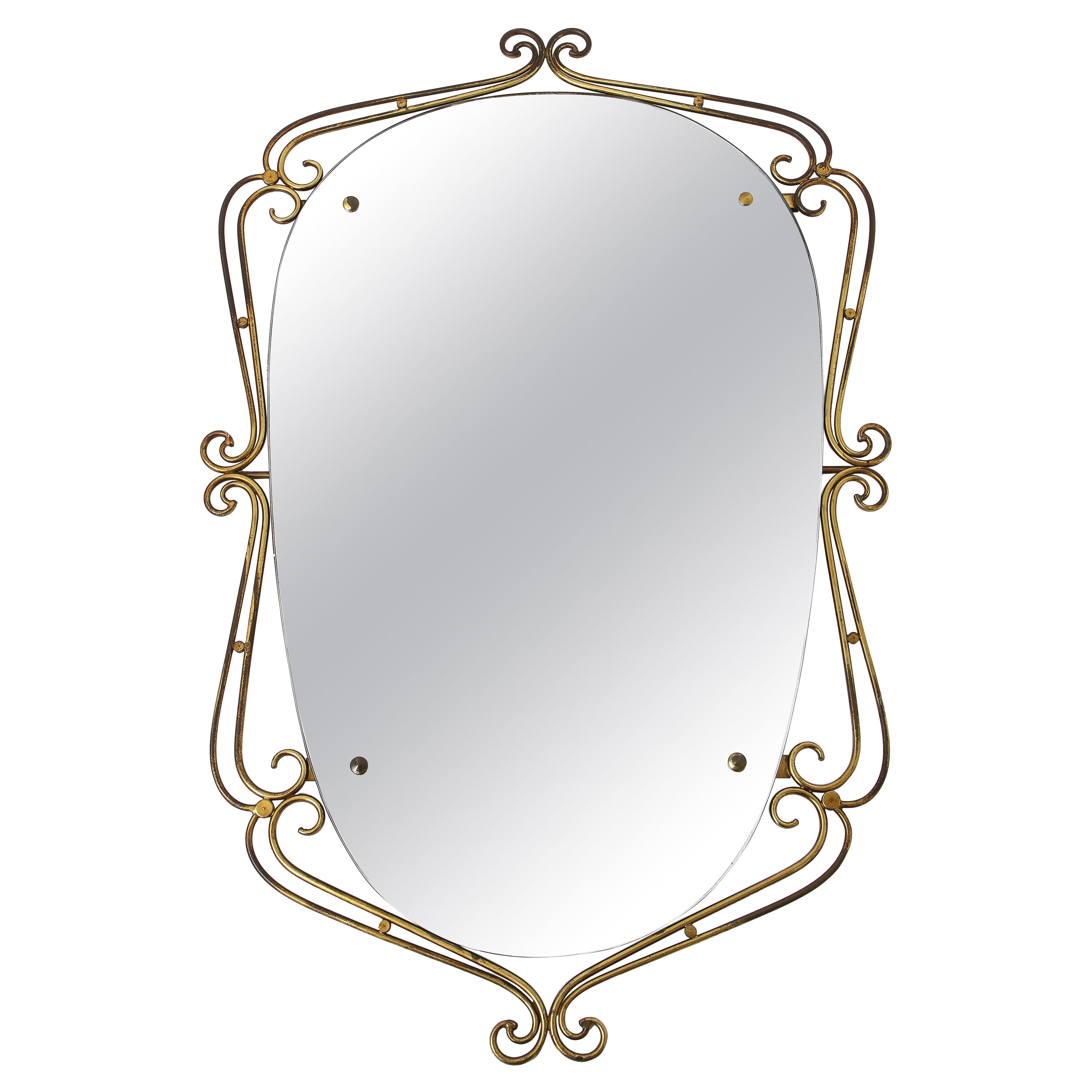 Italian 1950's Brass Scrolled Mirror For Sale