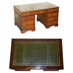 Vintage Stunning Burr Elm Green Leather Top Large Twin Pedestal Partner Desk Part Suite