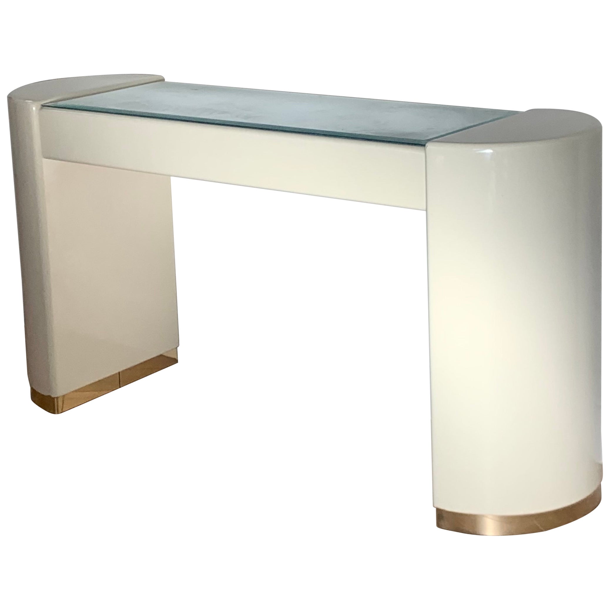 Karl Springer Style Cream Lacquer Console with Gold and Glass, Late 70s