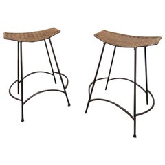 Pair of Rattan and Iron Stools