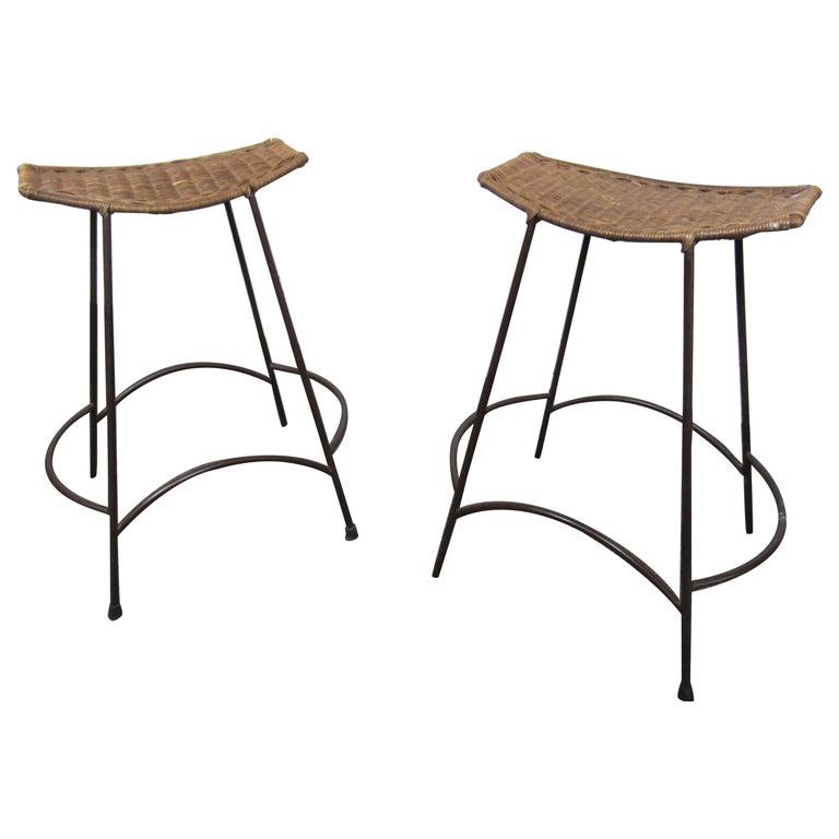 Pair of Rattan and Iron Stools at 1stDibs