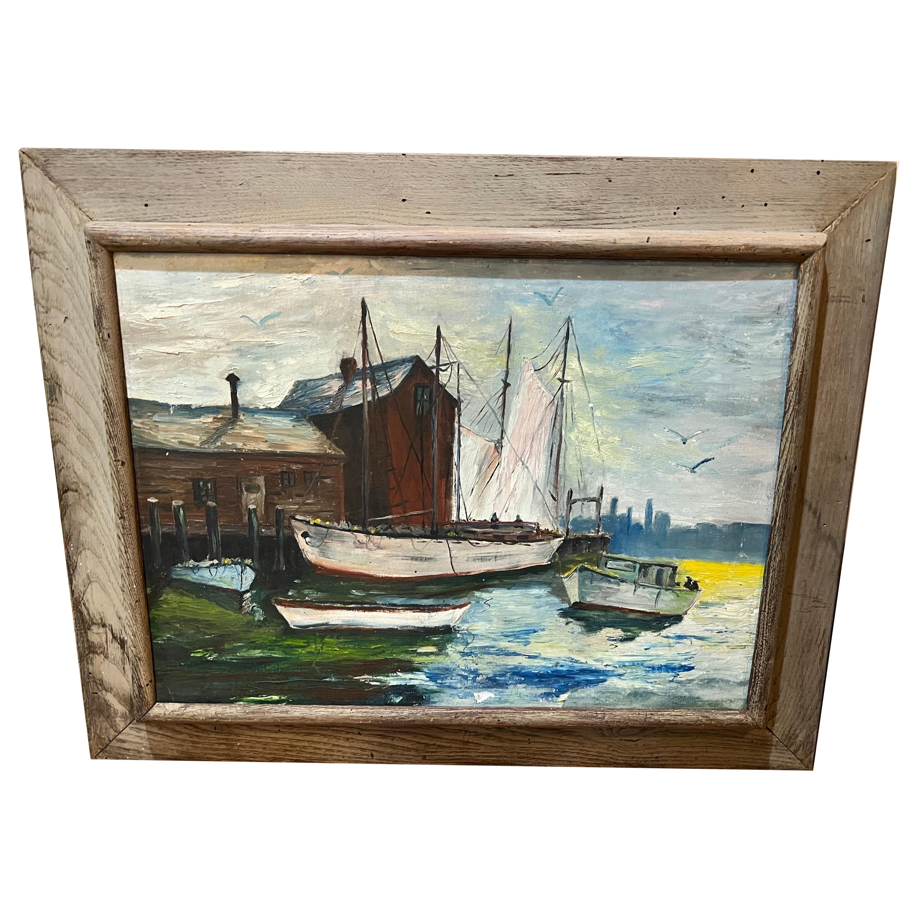 Peinture du milieu du siècle dernier représentant des voiliers dans un port en vente