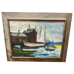 Mid Century Painting of Sailboats in Harbor