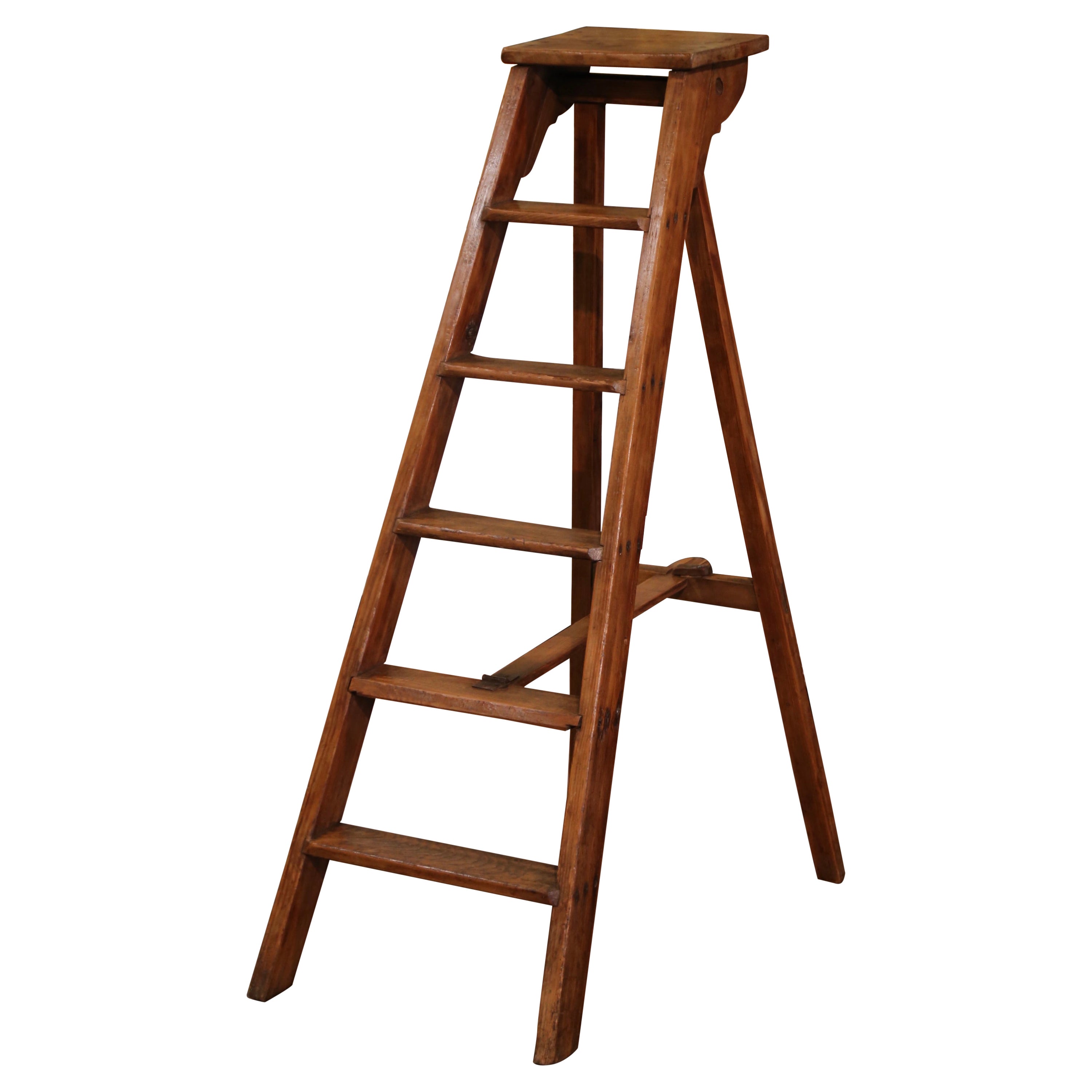 Early 20th Century French Country Carved Pine Library Step Ladder