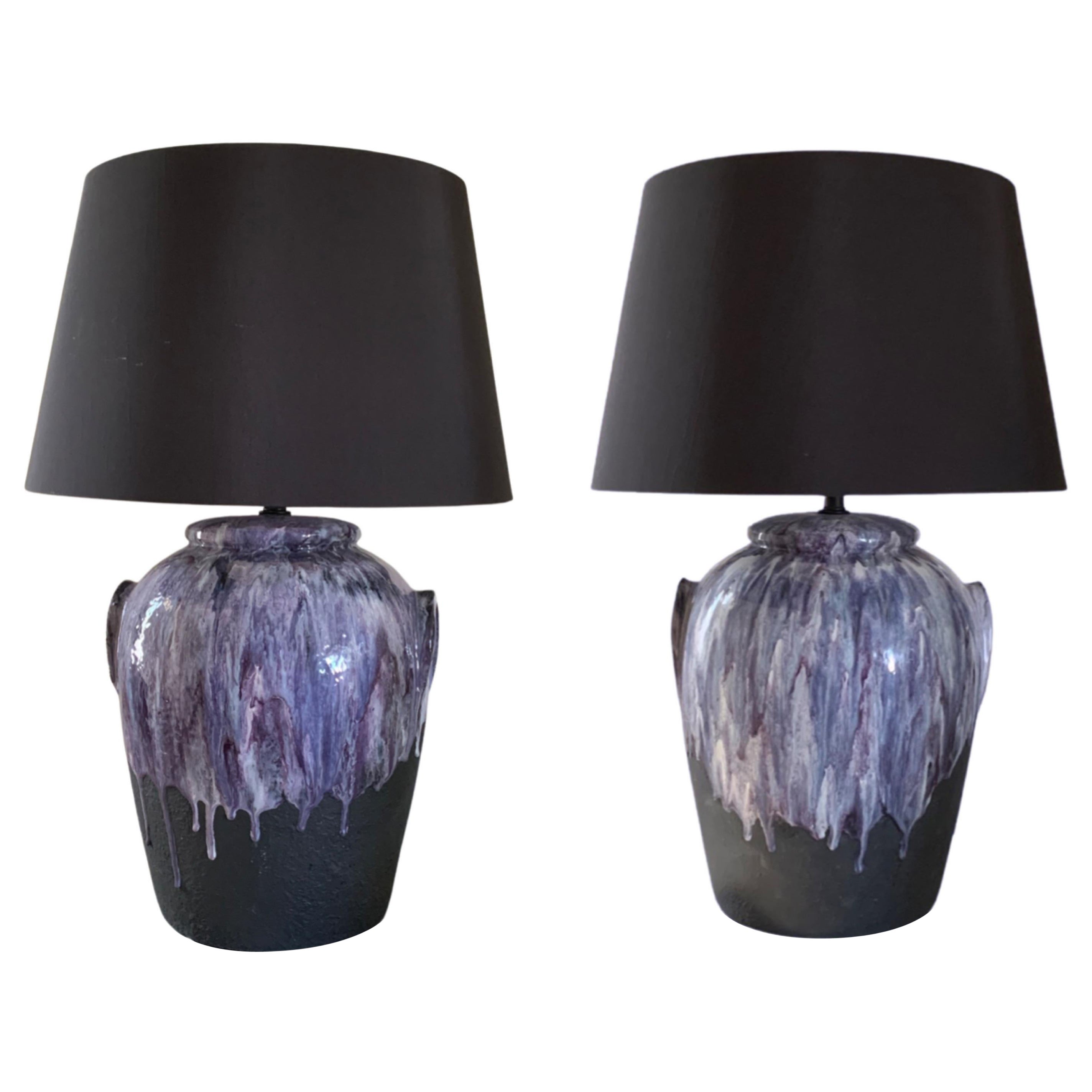 Pair of Purple Drip Modern Ceramic Lamps New Shades For Sale