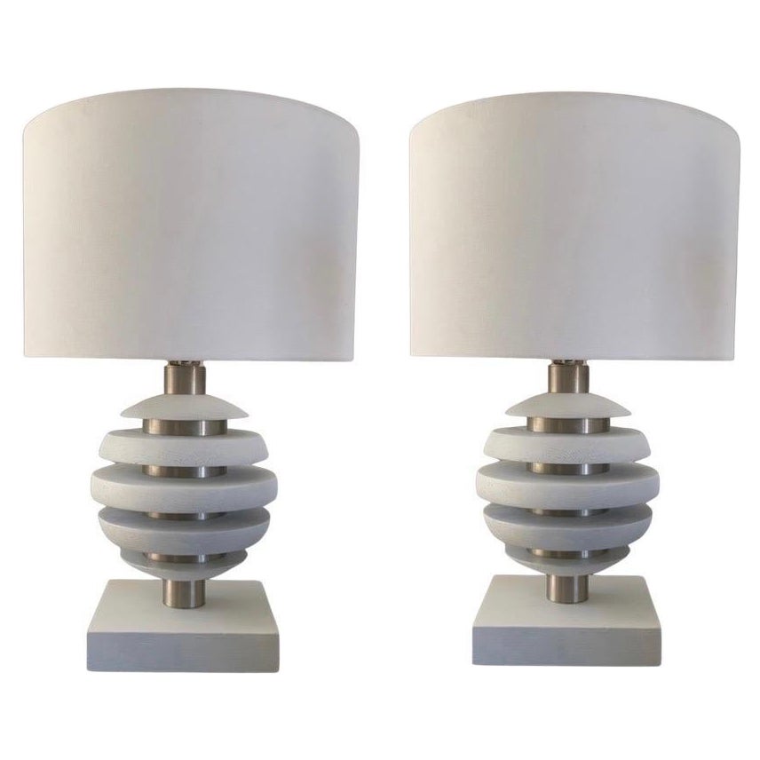 Pair of Vintage Modern Wood and Brushed Chrome Sphere Lamps