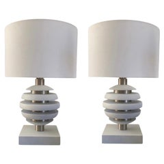 Pair of Vintage Modern Wood and Brushed Chrome Sphere Lamps