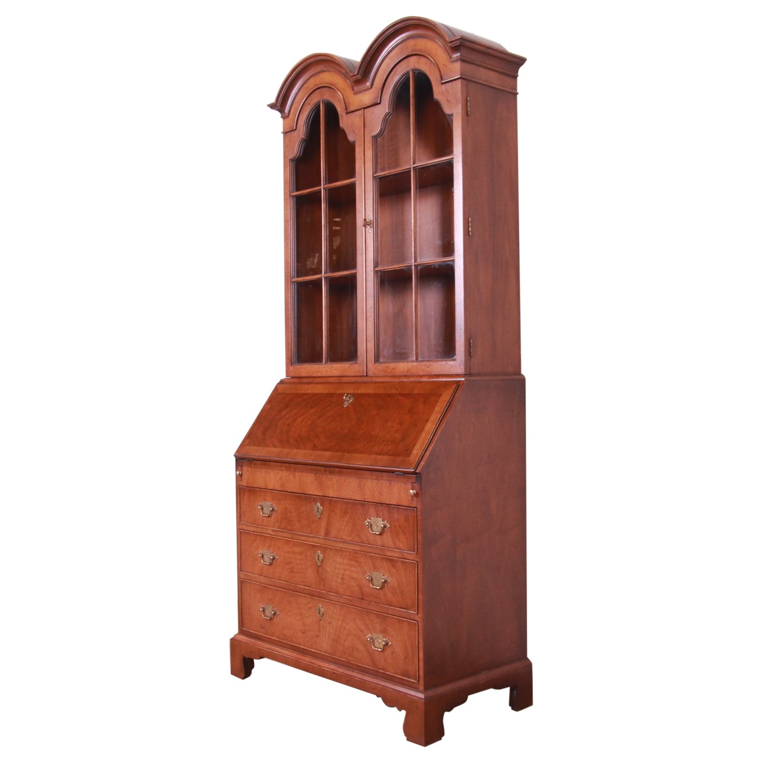 Henredon Georgian Walnut Drop Front Secretary Desk With Bookcase Hutch