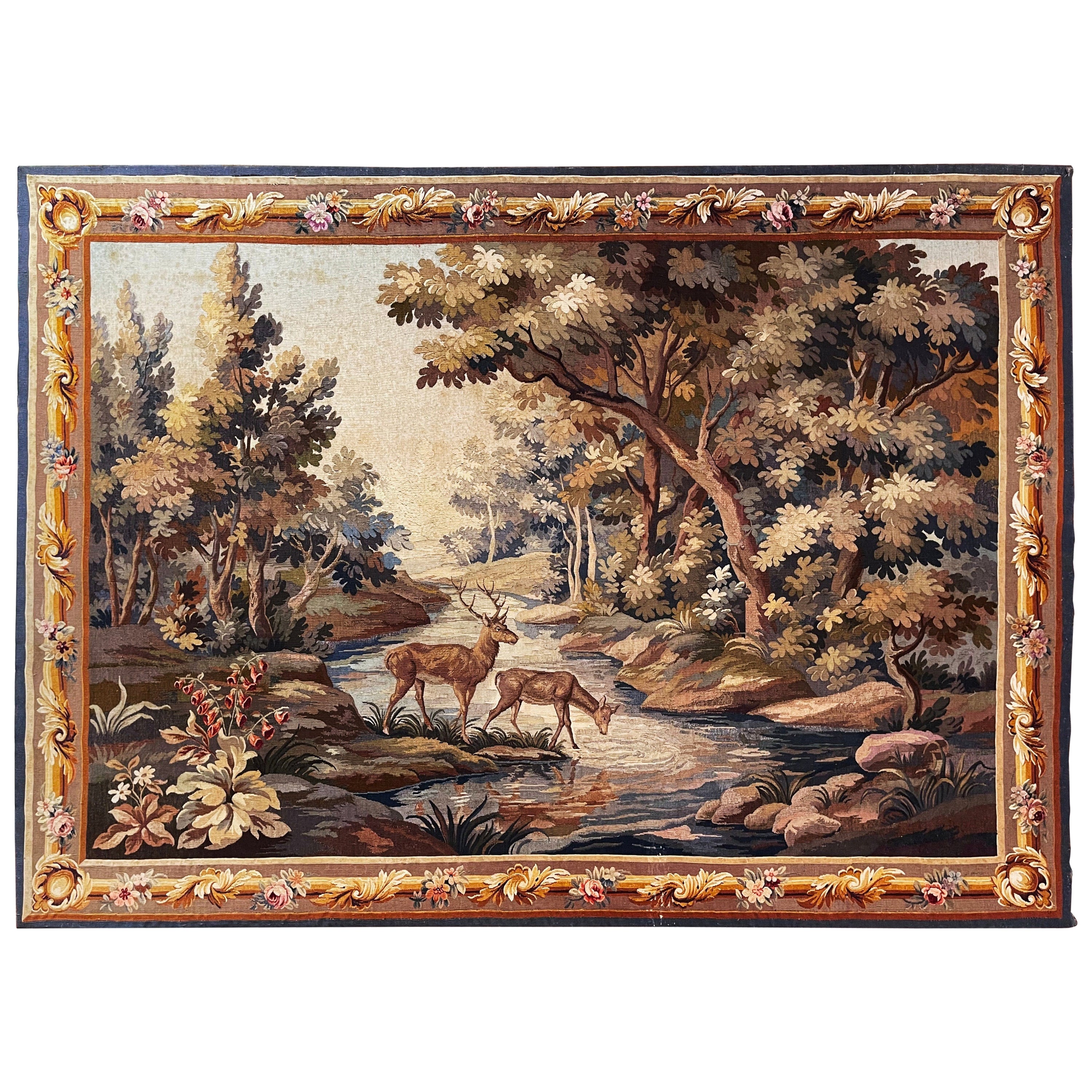 19th Century French Hand Woven Aubusson Tapestry on Stretcher with Deer Decor