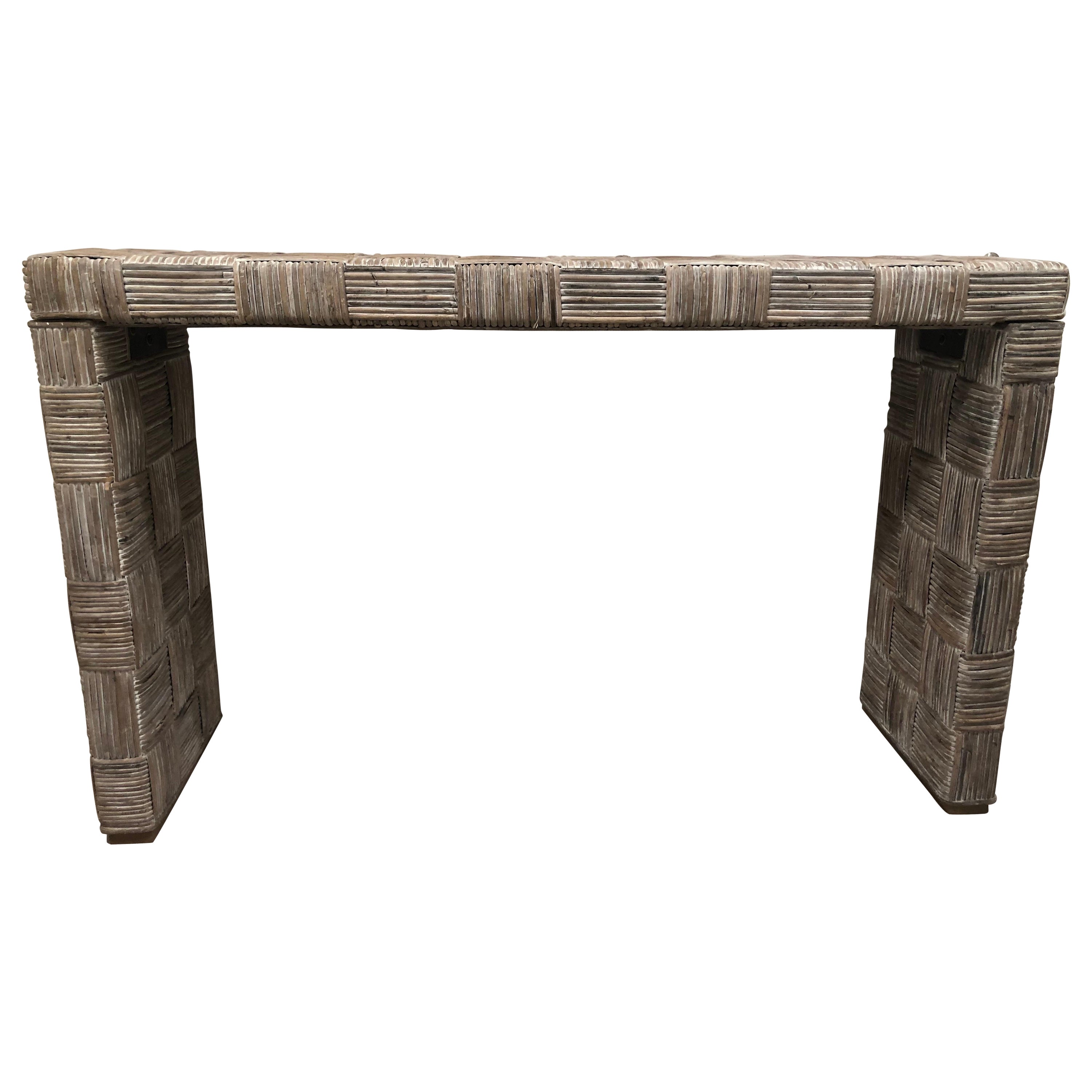 Whitewashed Woven Rattan Console Table For Sale