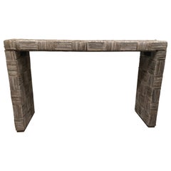 Whitewashed Woven Rattan Console Table