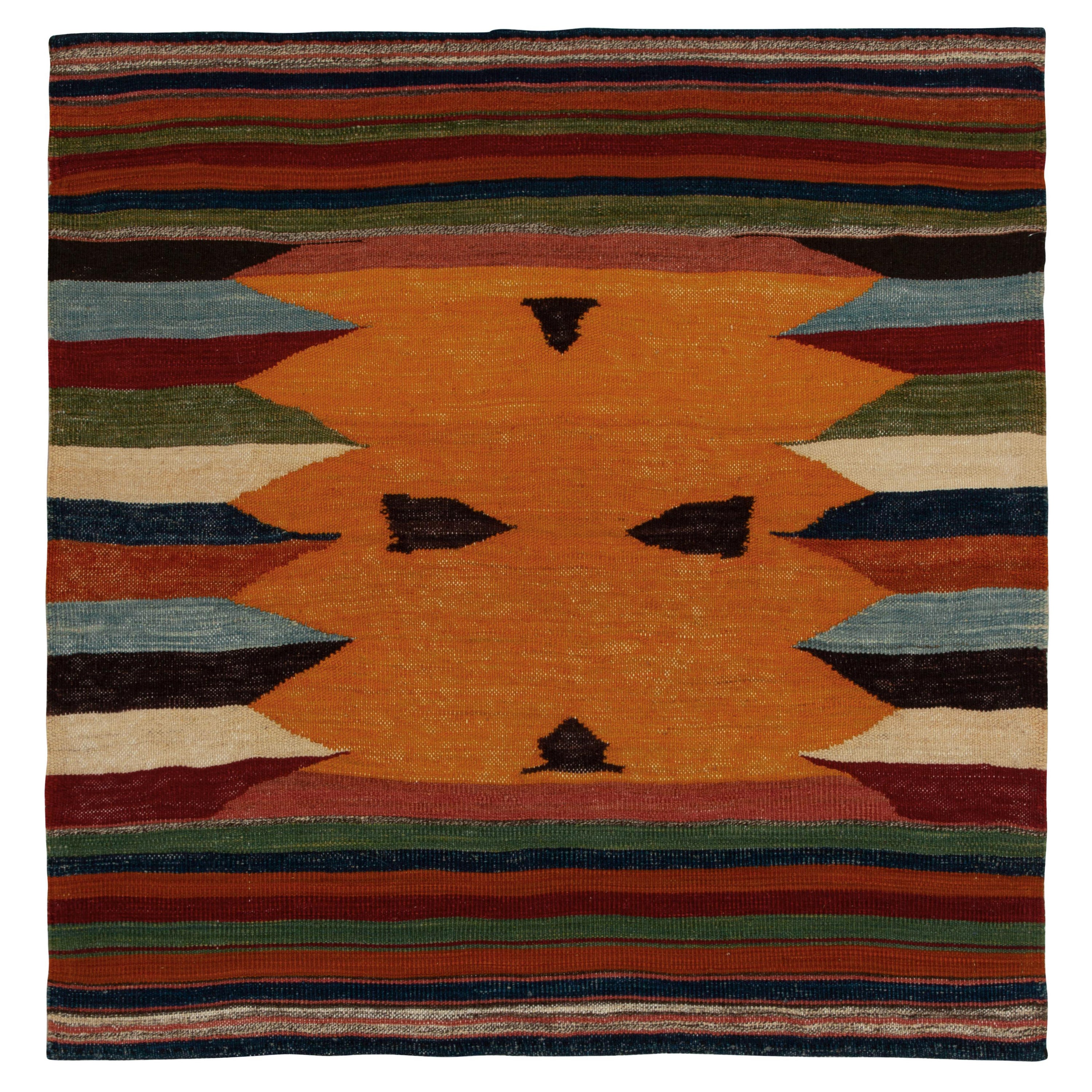 1980s Vintage Sofreh Kilim Rug in Orange Tribal Stripe Patterns by Rug & Kilim For Sale