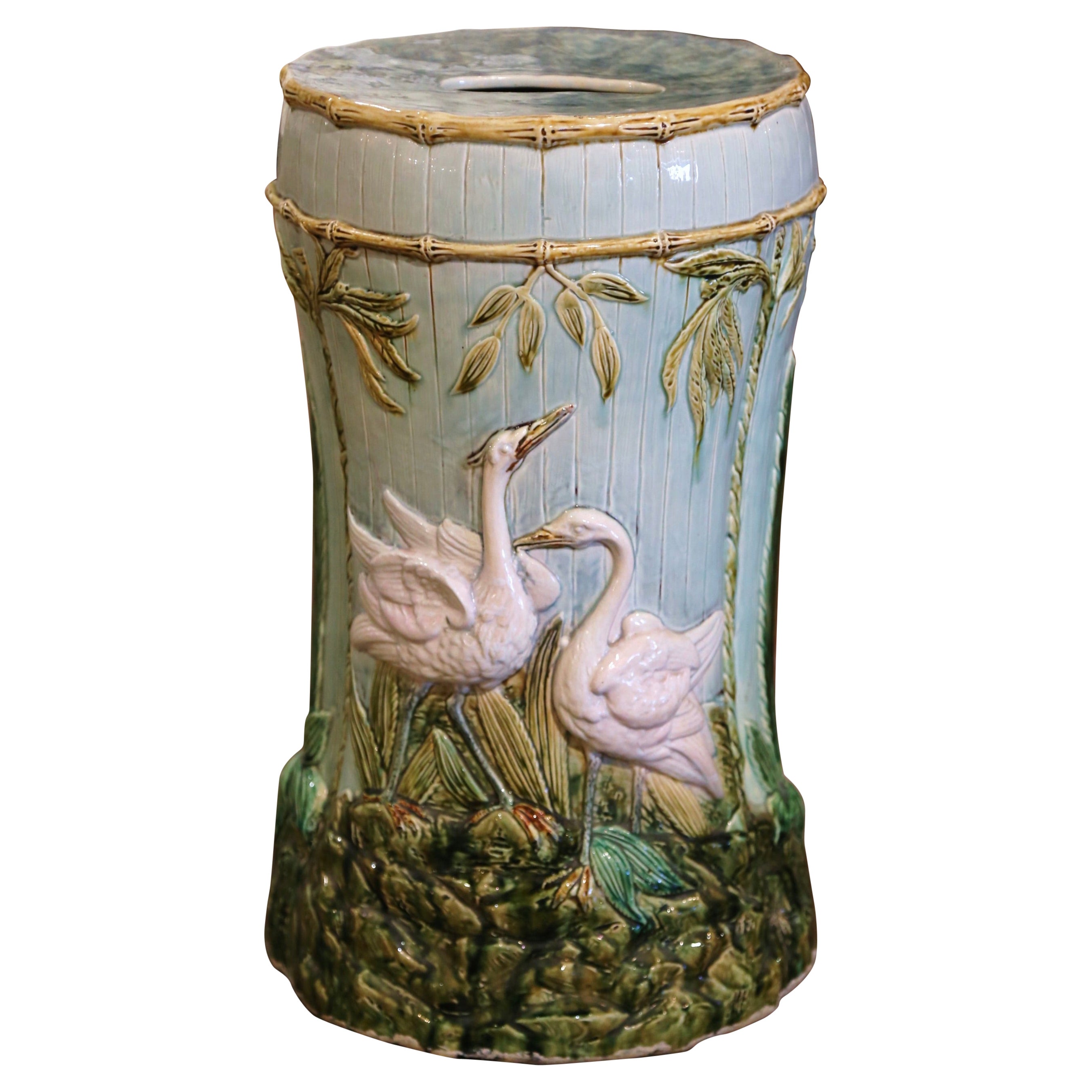 19th Century French Barbotine Painted Faience Garden Stool from Saint Amand