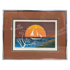 Signed Limited Edition Modern Abstract Japanese Woodblock Print Sunset Sailing