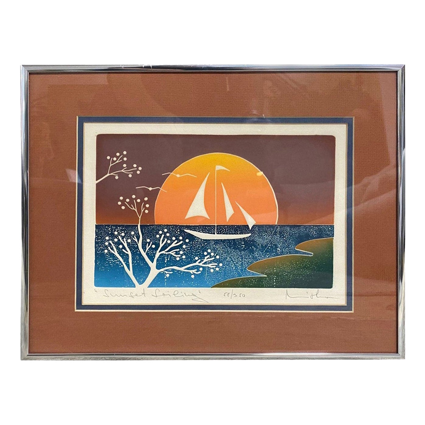 Signiert Limited Edition Modern Abstrakt Japanisch Farbholzschnitt Sonnenuntergang Segeln