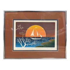 Vintage Signed Limited Edition Modern Abstract Japanese Woodblock Print Sunset Sailing