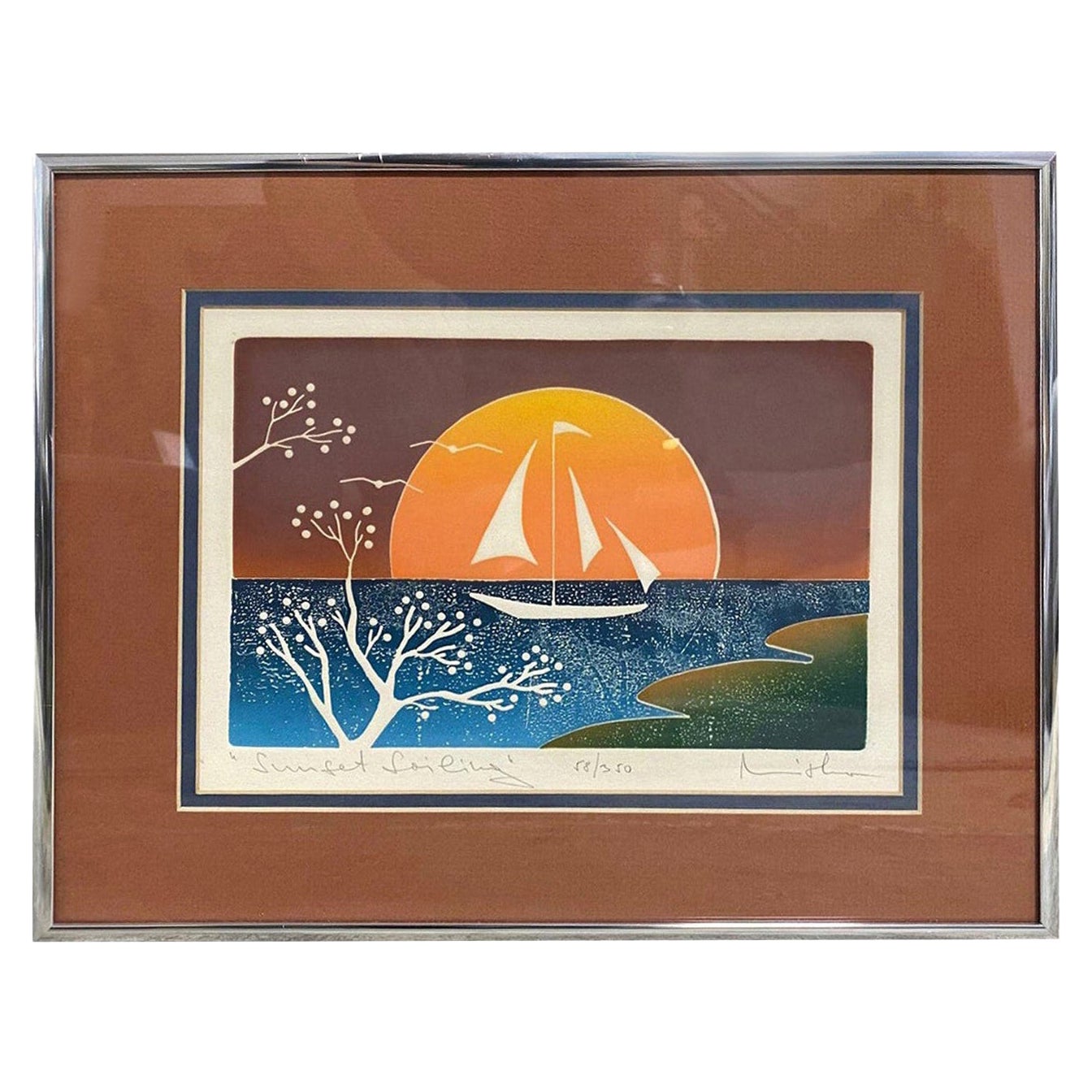 Signed Limited Edition Modern Abstract Japanese Woodblock Print Sunset Sailing