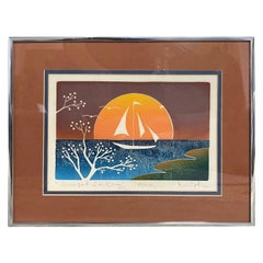 Signed Limited Edition Modern Abstract Japanese Woodblock Print Sunset Sailing