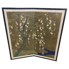 Japanese Asian Signed Two-Panel Folding Byobu Screen Blossoming Floral Tree 