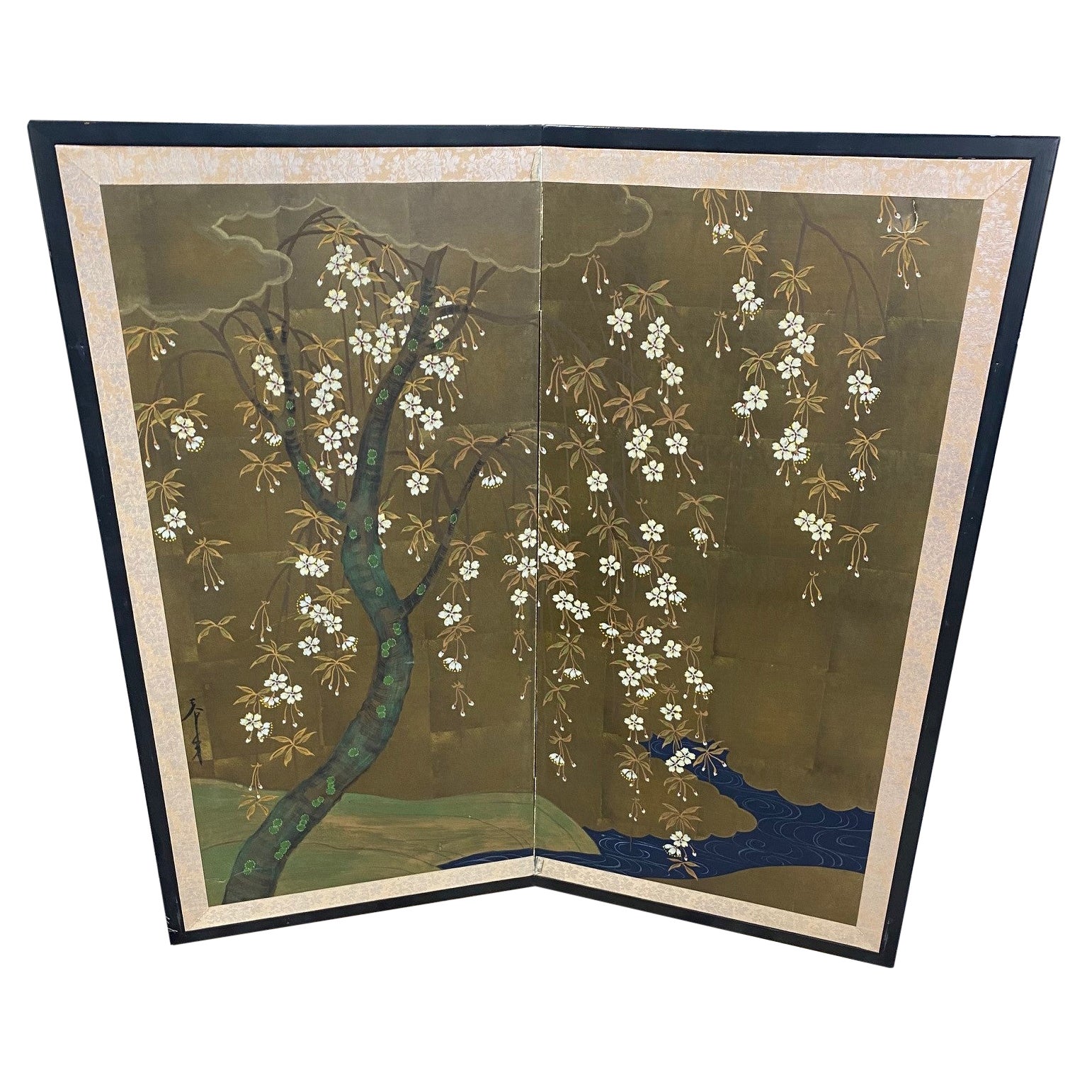 Japanese Asian Signed Two-Panel Folding Byobu Screen Blossoming Floral Tree