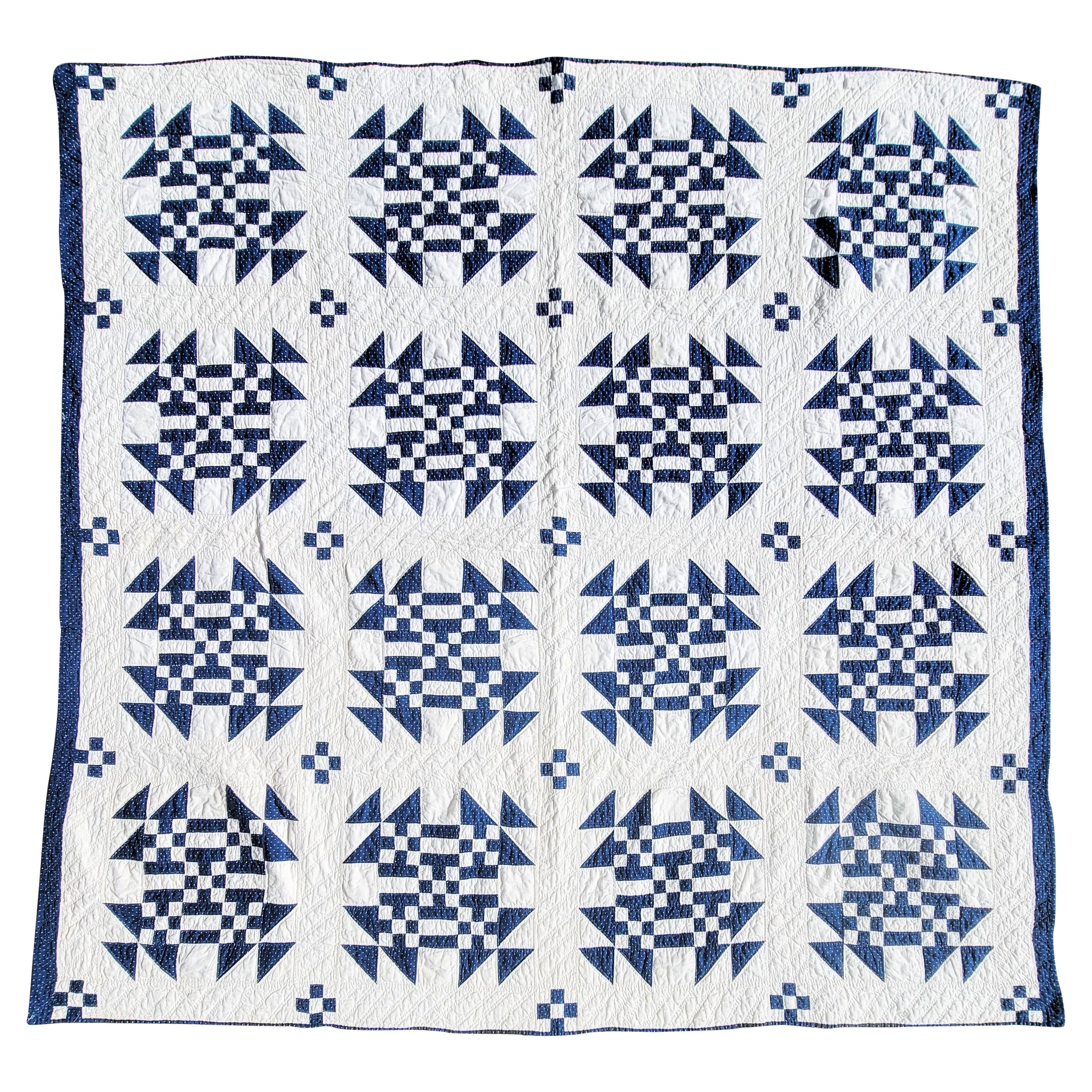 19thc Blue & White Geometric Nine Patch Quilt