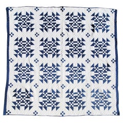 19thc Blue & White Geometric Nine Patch Quilt