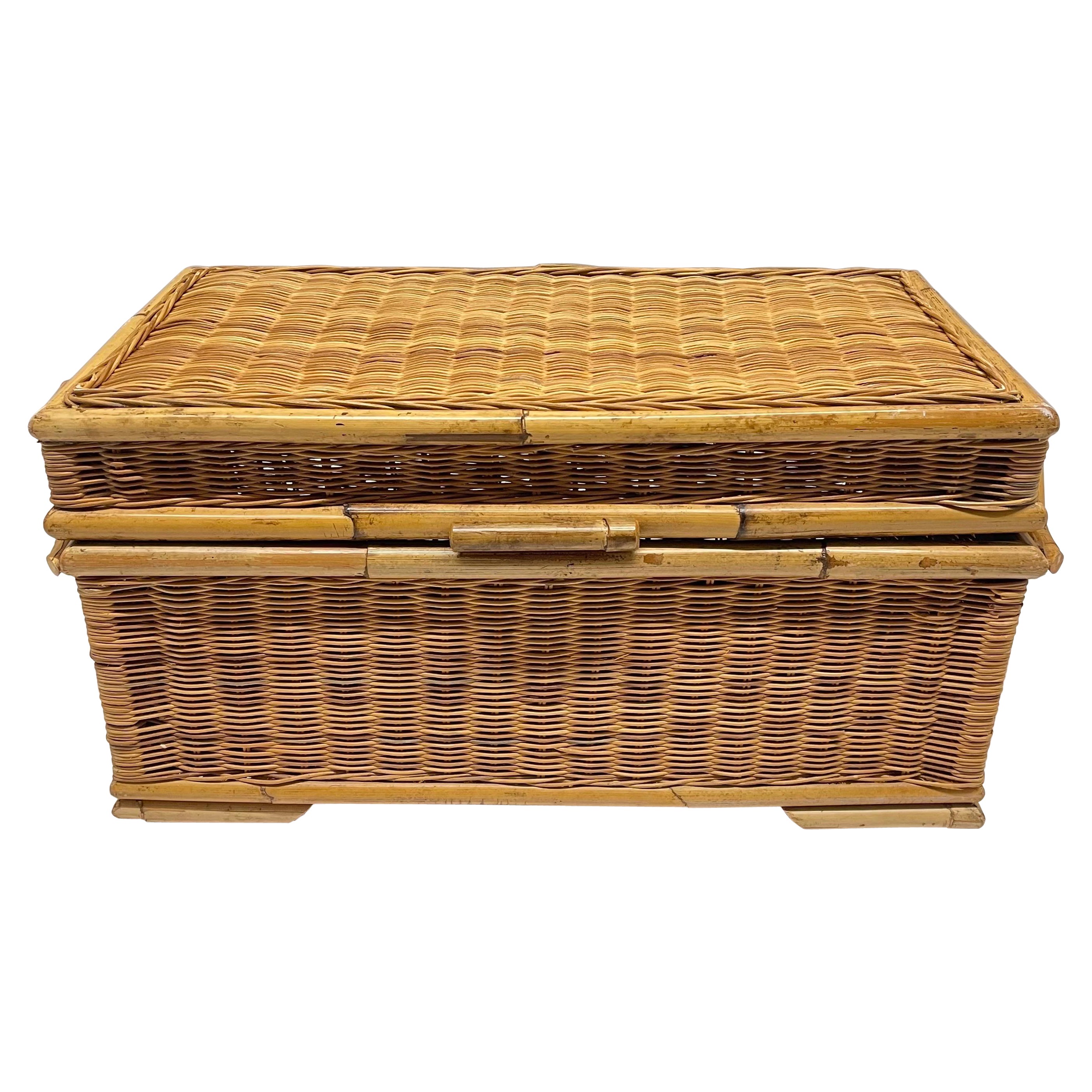 Mid Century French Riviera Wicker Bamboo and Rattan Trunk or Blanket Toy Chest For Sale