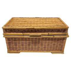 Retro Mid Century French Riviera Wicker Bamboo and Rattan Trunk or Blanket Toy Chest