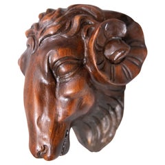 Black Forest Style Carved Ram Head Sculpture Wall Hanging