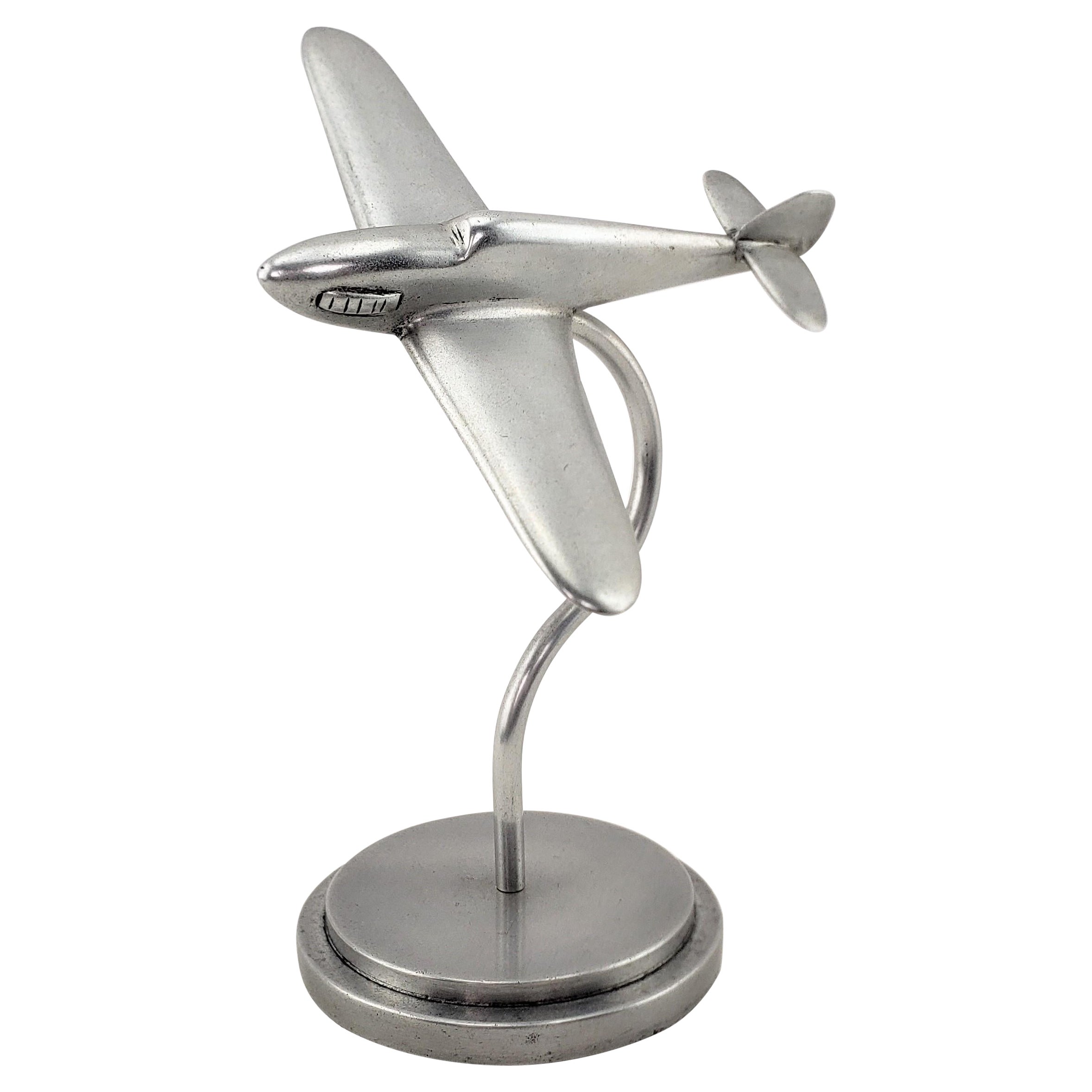 Art Deco Cast Aluminum Stylized Fighter Airplane Model or Sculpture & Stand