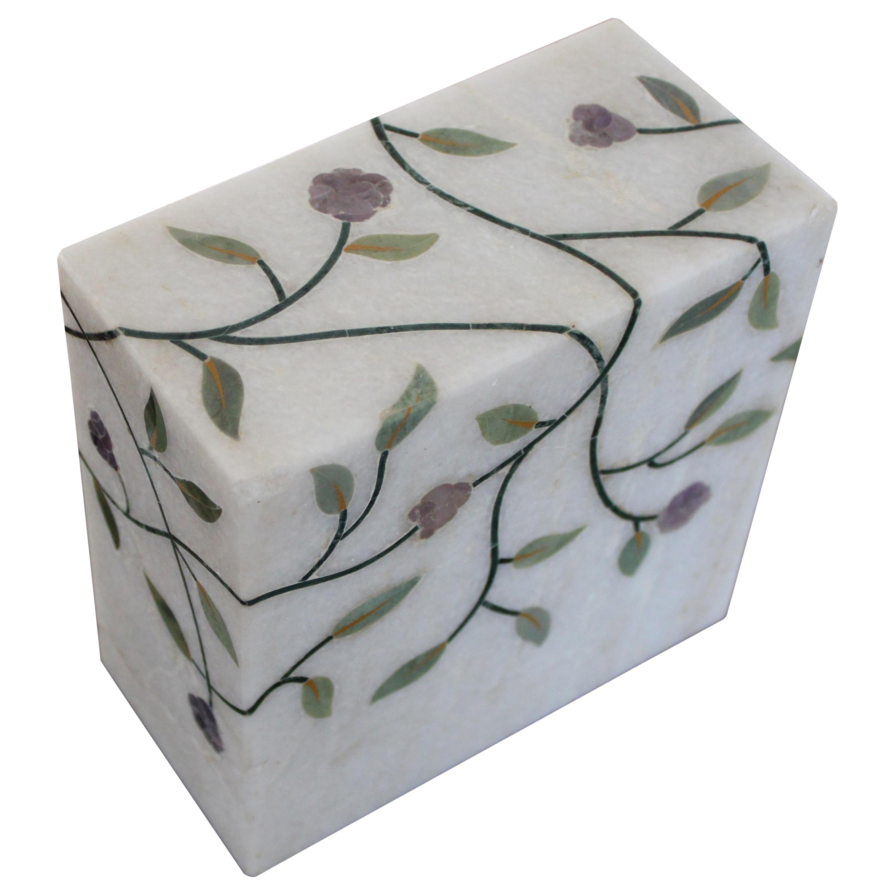 Floral Book-End in White Marble Handcrafted in India by Stephanie Odegard For Sale