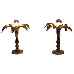 Hollywood Regency Style Brass Duo Table Lamps Flower Lillies Willy Daro, 1970s
