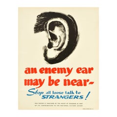 Original Vintage WWII Poster An Enemy Ear May Be Near Loose Talk Spy Warning