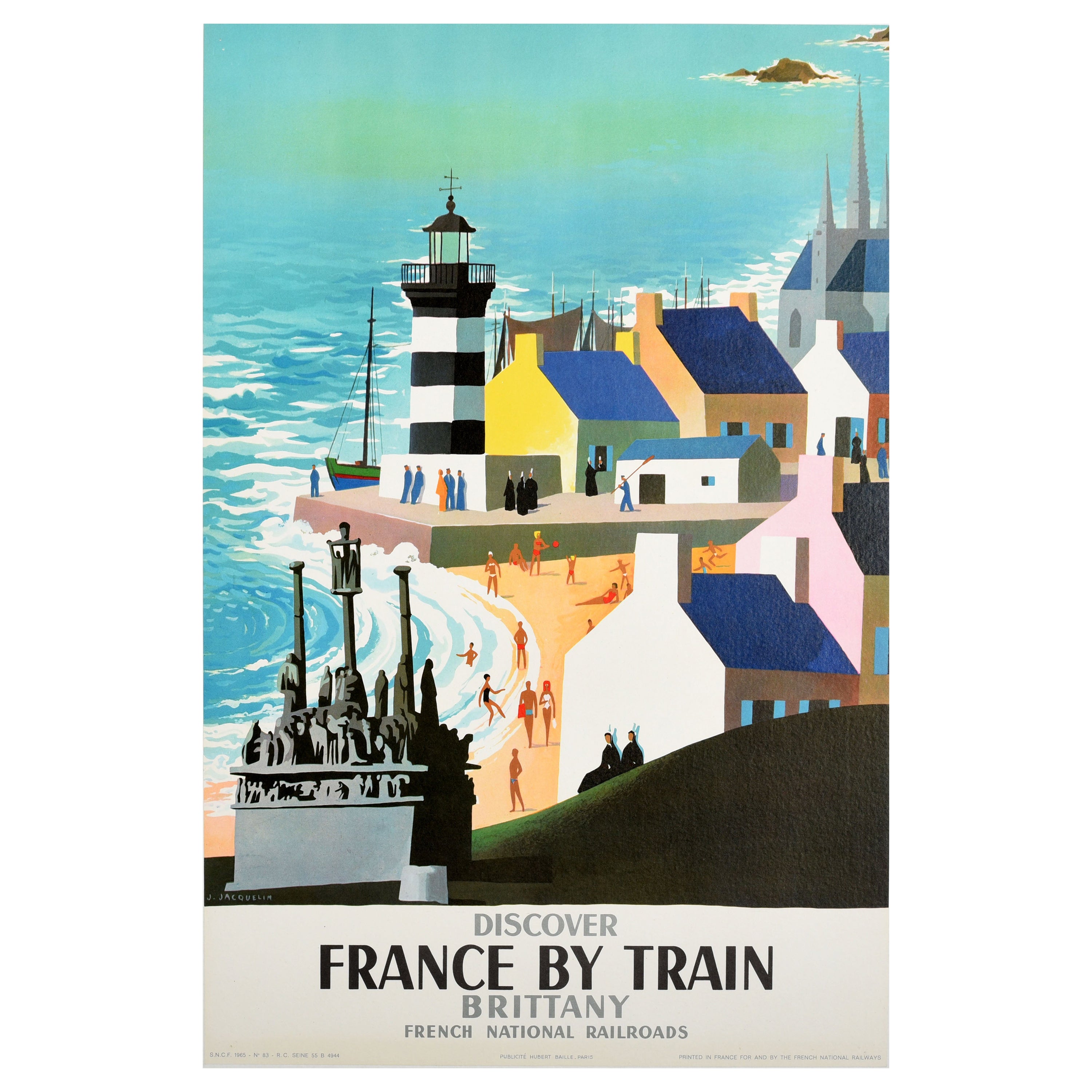 Original Vintage Train Travel Poster Brittany Discover France Mid-Century Modern For Sale