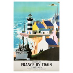 Original Vintage Train Travel Poster Brittany Discover France Mid-Century Modern