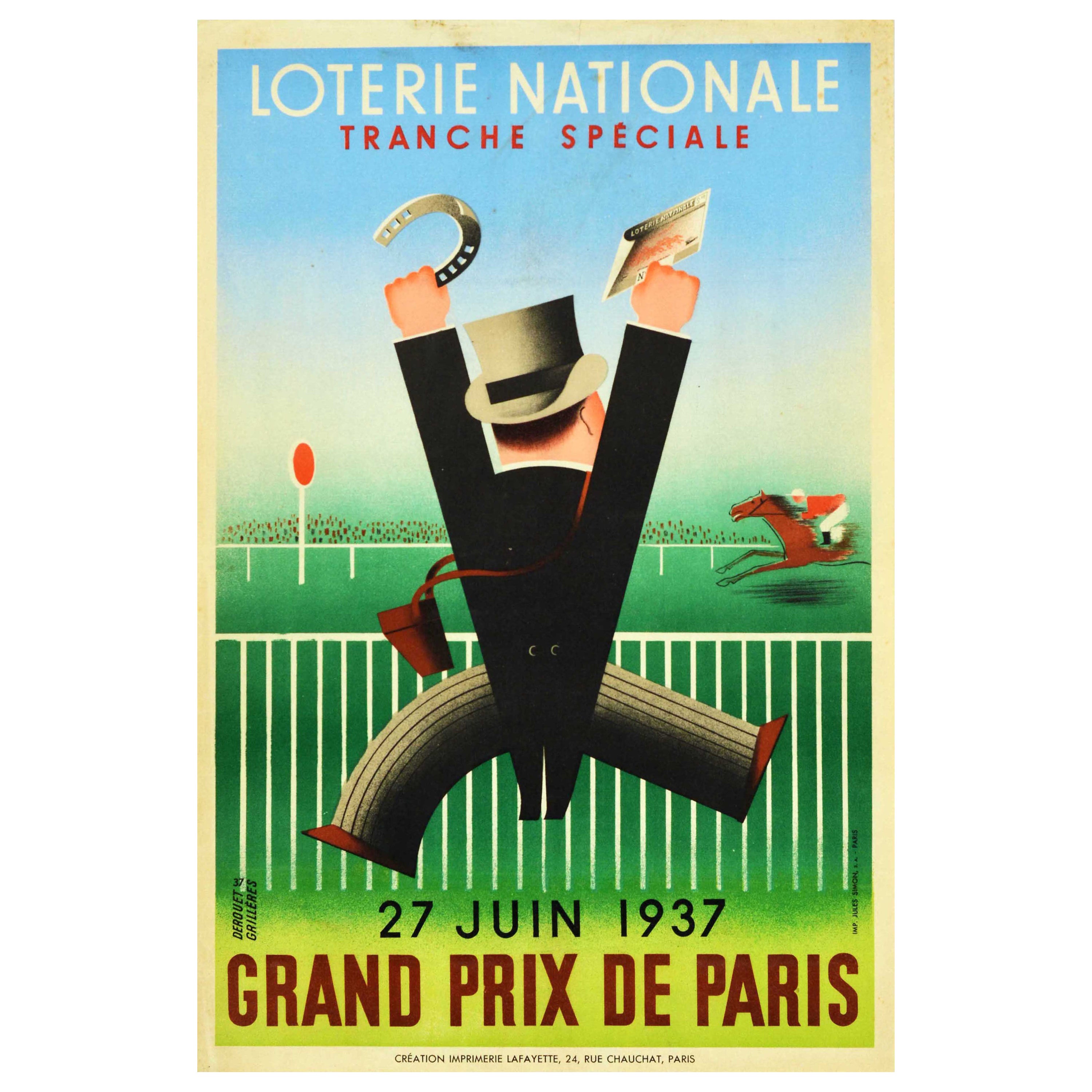 Original Vintage Poster Loterie Nationale Grand Prix Horse Racing Luck Horseshoe