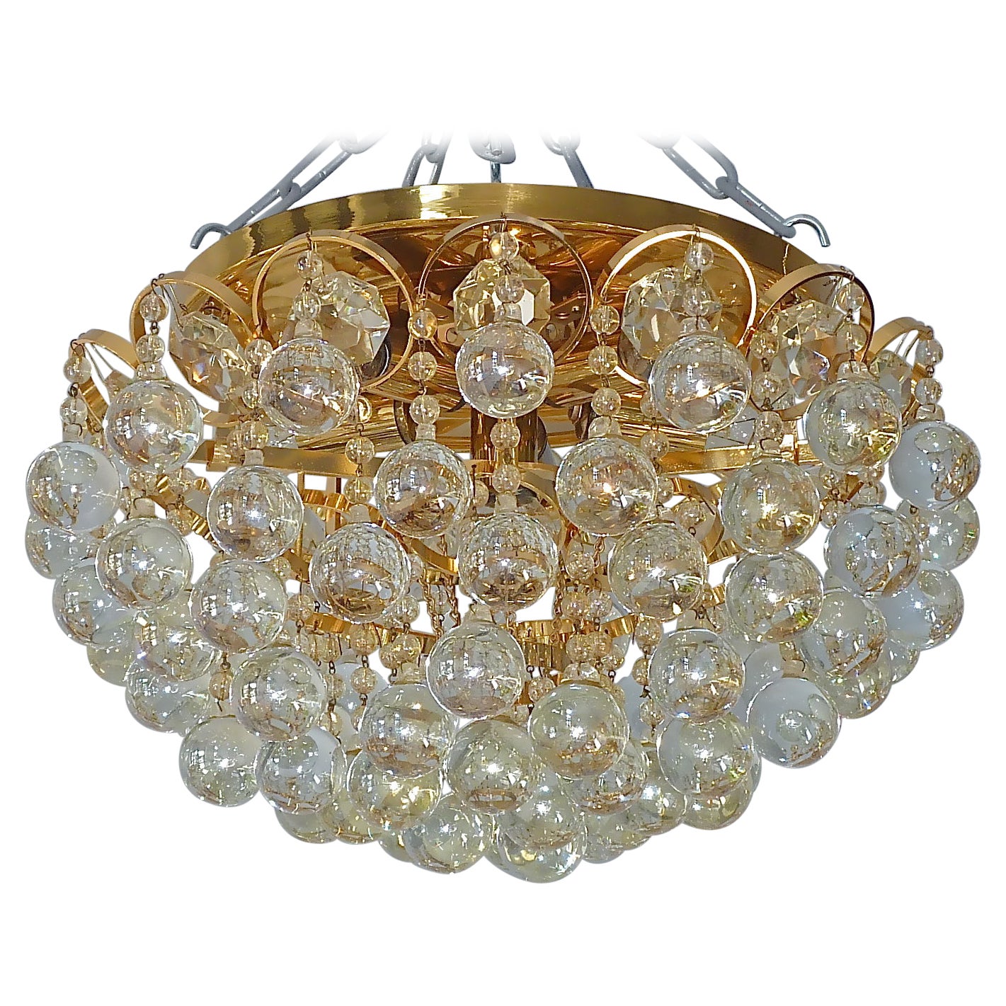 Metal Rare Gilt Palwa Flush Mount Chandelier Italian Murano Glass Spheres, 1960s  For Sale