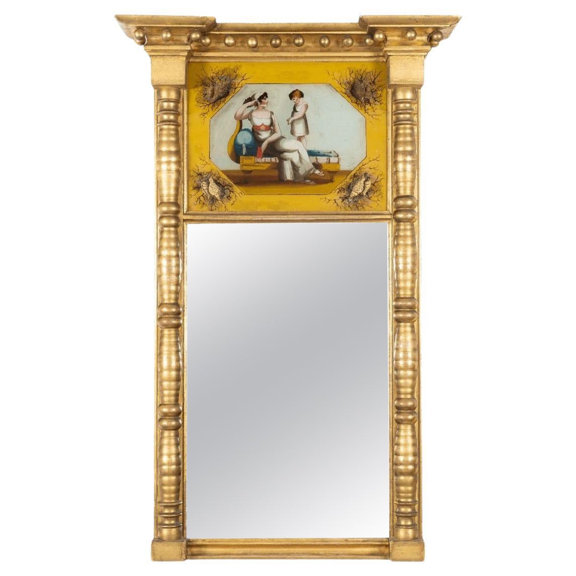19th Century American Gilt Tabernacle Pier Mirror With Eglomise For Sale