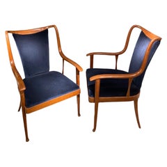 Pair of Armchairs in Walnut and a Blue Velvet, by Paolo Buffa, Italy