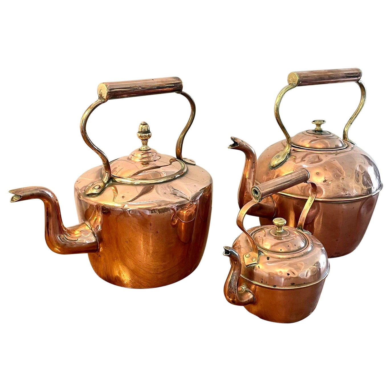 Antique Collection of Three Copper Kettles For Sale