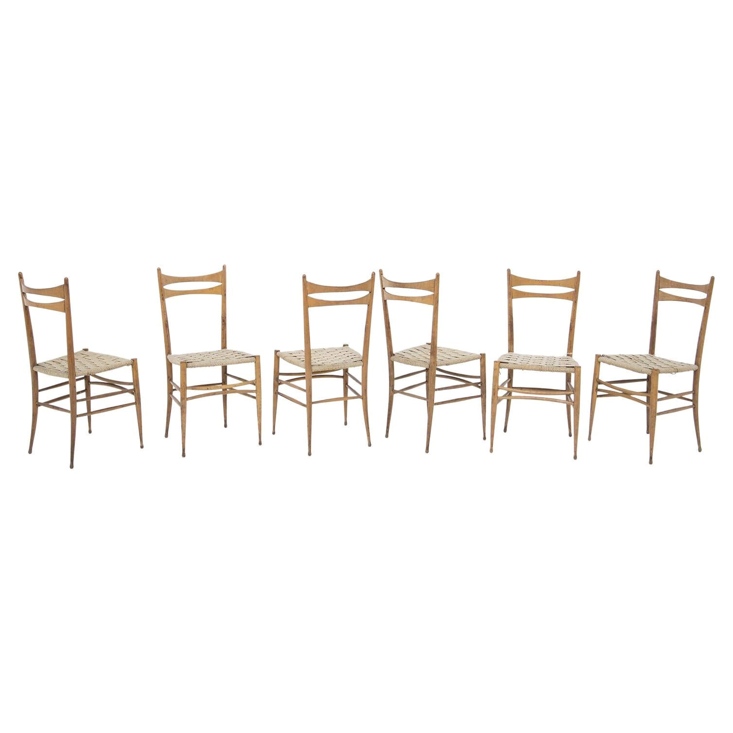 Set of Six Italian Chairs in Rattan and Wood