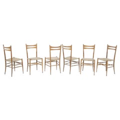 Set of Six Italian Chairs in Rattan and Wood
